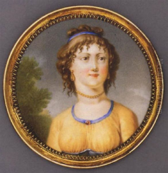 A Young Lady In Yellow Silk Dress With Blue Bandeau, Gold Necklace, Drop Gold Earrings, Blue Bandeau In Her Curled And Upswept Hair - view 1