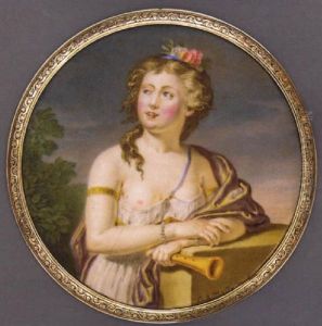 A Young Lady Dressed As Euterpe In Loose White Dress With A Blue Ribbon At Corsage, Purple Silk Cloak, Jewel Set Bracelets, Flowers And A Ribbon In Her Hair by Barnabe Augustin de Mailly