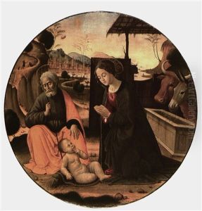 The Madonna And Saint Joseph Adoring The Christ Child, The City Of Florence In The Distance by Sebastiano di Bartolo Mainardi