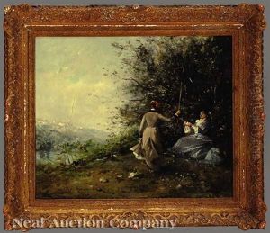 Two Ladies Fishing Beside A Pond