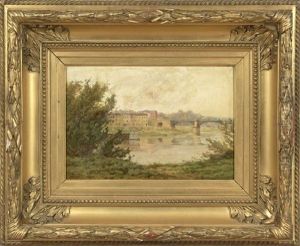 View Of A Town By The River, Witha  Barge And A Bridge