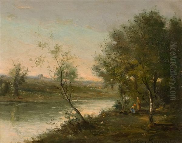 Baumbestandene Flusslandschaft Mit Figurenstaffage - view 1