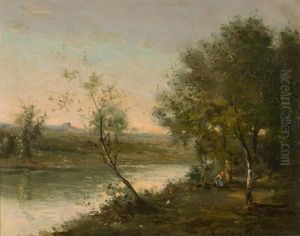 Baumbestandene Flusslandschaft Mit Figurenstaffage