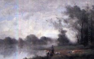 Paysage De Bord De L'eau Avec Lavandieres