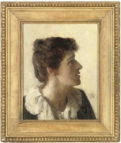 Portrait Of A Lady In A Blue Dress With White Lace Collar - view 1