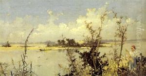 Landscape With Girl Gathering Grasses Alongside A Lagoon