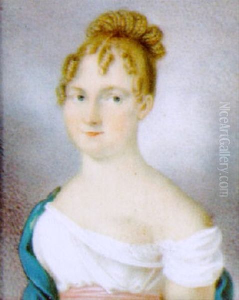 Bildnis Einer Jungen Frau In Weisen Kleid Und Blauem Schal Vor Wolkenhintergrund - view 1
