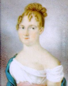Bildnis Einer Jungen Frau In Weisen Kleid Und Blauem Schal Vor Wolkenhintergrund by Karl Mainelli
