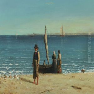 Coastal Scenery With Persons By Fishing Boat by M Berggreen