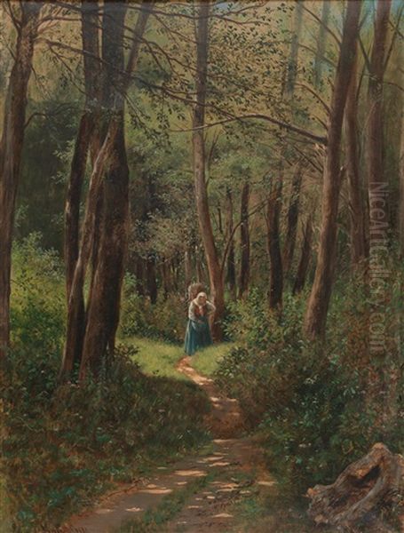 Woodland Landscape In Summer With Woman Gathering Brushwood - view 1