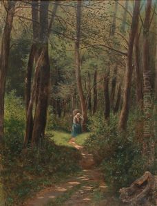 Woodland Landscape In Summer With Woman Gathering Brushwood by Eduard Maisch