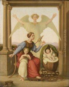 Jeune Mere Et Ses Enfants Veilles Par Leur Ange Gardien
