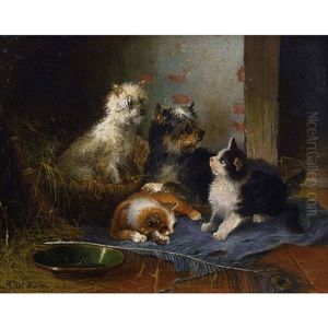 Katzen- Und Hundepaar Mit Pfauenfeder by Gustav Majer