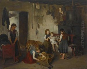 Kinder Mit Hunden In Der Stube by Gustav Majer