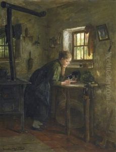 Interieur Mit Madchen Und Katze by Gustav Majer