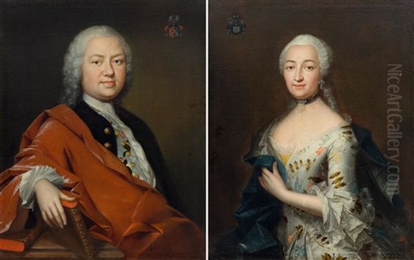 Pair Of Works: Portrait Of The Medic, Botanist And Explorer Johann Georg Gmelin (tubingen 1709 -1755) And Portrait Of His Wife Barbara Gmelin, Nee Fromman, With Coat Of Arms Of The Sitters Upper Right And Upper Left - view 1