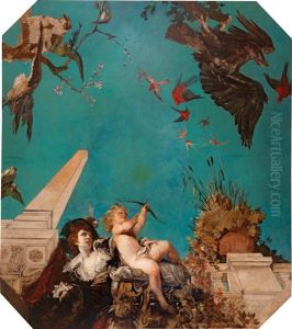 Deckengemalde, Dame Der Gesellschaft Mit Amor In Gartenarchitektur by Hans Makart