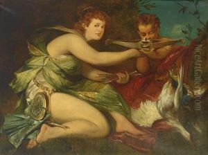 Kniende Diana Legt Zielendem Cupido Den Pfeil Auf Die Armbrust by Hans Makart