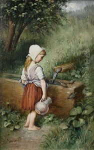 Ein Kleines Bauernmadchen Am Rohrbrunnen by Johann Makloth