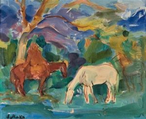 Cavaliere Et Chevaux Sous Un Arbre by Sergej Alexandrowitsch Mako