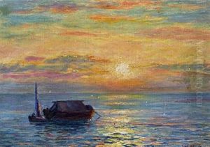 Seascape With A Fishing Boat At Sunset Seascape With A Fishing Boat At Sunset