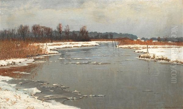 Winterliche Fluslandschaft Mit Fernen Gebauden - view 1