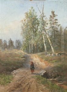 A Girl On A Country Lane by Aleksandra Egorovna Makovskaya
