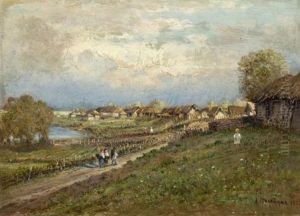 Landschaft Mit Dorf Im Hintergrund by Aleksandra Egorovna Makovskaya