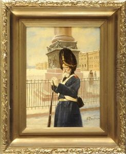 Wachmann Vor Der Alexander-saule Mit Der Eremitage Im Hintergrund In St. Petersburg Wachmann Vor Der Alexander-saule Mit Der Eremitage Im Hintergrund In St. Petersburg