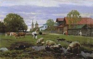 Dorpsgezicht Met Vee by Alexandr Vladimirovich Makovsky
