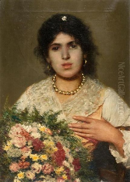 Zigeunermadchen Mit Blumenstrauss - view 1