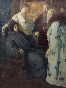 The Ambassadors Of The Zemsky Sobor Trying To Convince The Nun Marfa That Her Son Mikhail Fyodorovich Romanov Should Accept The Crown by Konstantin Egorovich Makovsky