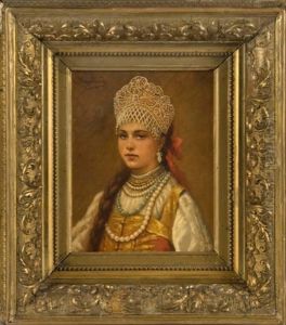Portrait D"une Jeune Fille En Tenue Traditionnelle, Portant Un Kokochnik En Perles by Konstantin Egorovich Makovsky