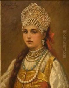 Portrait D'une Jeune Fille En Tenue Traditionnelle by Konstantin Egorovich Makovsky