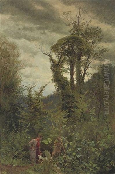 An Artist At Her Easel In A Wooded Landscape - view 1