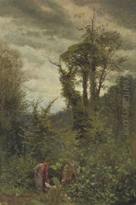 An Artist At Her Easel In A Wooded Landscape by Konstantin Egorovich Makovsky