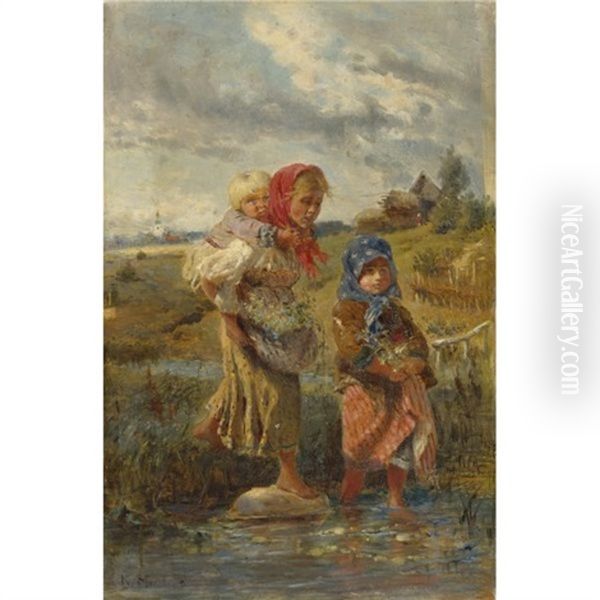 Children Crossing A Brook - view 1