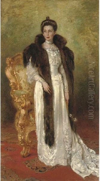Portrait Of A Lady In A White Dress And Fur Stole - view 1