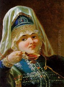 Portrait Einer Jungen Russischen Frau In Tracht by Konstantin Egorovich Makovsky