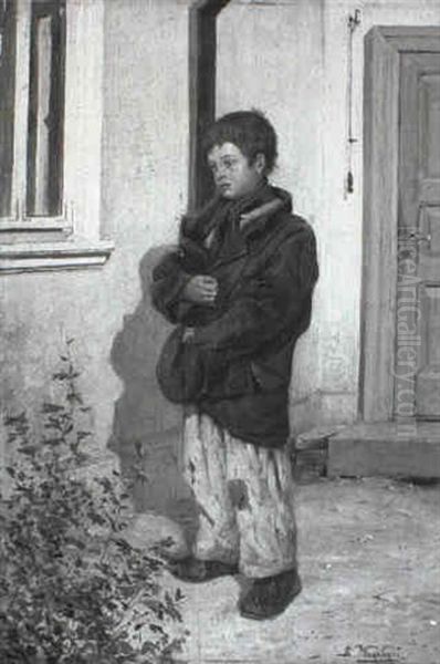Young Boy Clutching His Jacket And Hat - view 1
