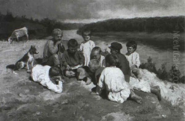Russische Bauernbuben Auf Einer Wiese Am Flusufer - view 1