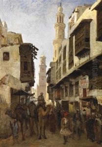 Kairo. Reges Treiben In Einer Altstadtgasse Mit Blick Auf Die Kalaoun Moschee