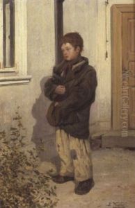 A Young Boy Clutching His Jacket And Hat