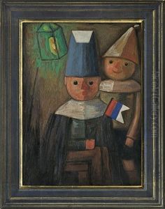 Children With Lanterns And Flag by Tadeusz (Tade) Makowski