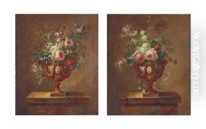 Deux Bouquets De Fleurs Dans Des Vases En Bronze Sur Des Entablements De Pierre (pair) by Joseph-Laurent Malaine