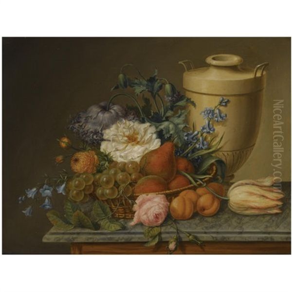 A Still Life With Peonies, Roses, Bluebells, Pears And Grapes In A Basket Together With An Urn, All On A Marble Ledge - view 1