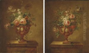 Deux Bouquets De Fleurs Dans Des Vases En Bronze Sur Des Entablements De Pierre by Joseph-Laurent Malaine