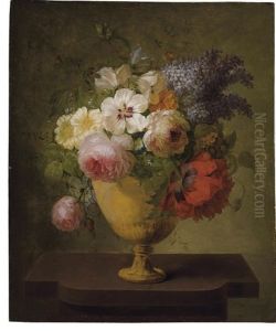 Roses, Lilacs And Other Flowers In A Vase, On A Stone Ledge by Joseph-Laurent Malaine