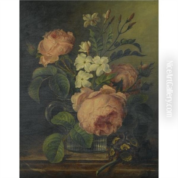 A Still Life With Roses And Narcissi In A Glass Beaker Together With A Sprig Of Primrose On A Marble Ledge - view 1
