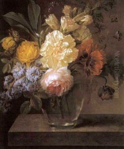 Nature Morte De Fleurs Dans Un Vase En Verre Sur Un Entablement by Joseph-Laurent Malaine